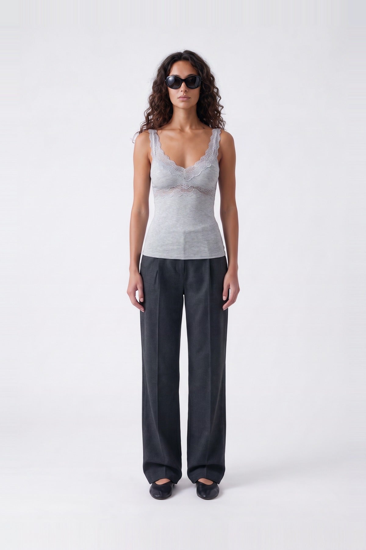 Leyla Lace Cami Grey Marle - front view