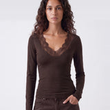 Lia Lace V Top Chocolate - close up 1 view
