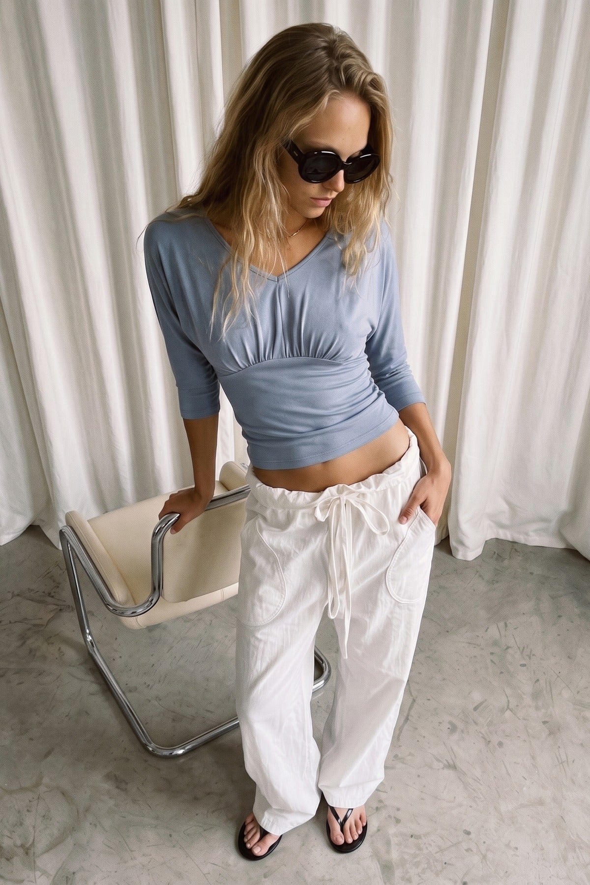 Ryana Top Dusty Blue - worn, behind the scenes