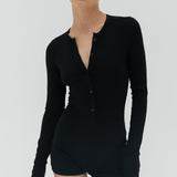 Button Ribbed Romper - Black