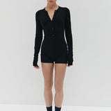 Button Ribbed Romper - Black