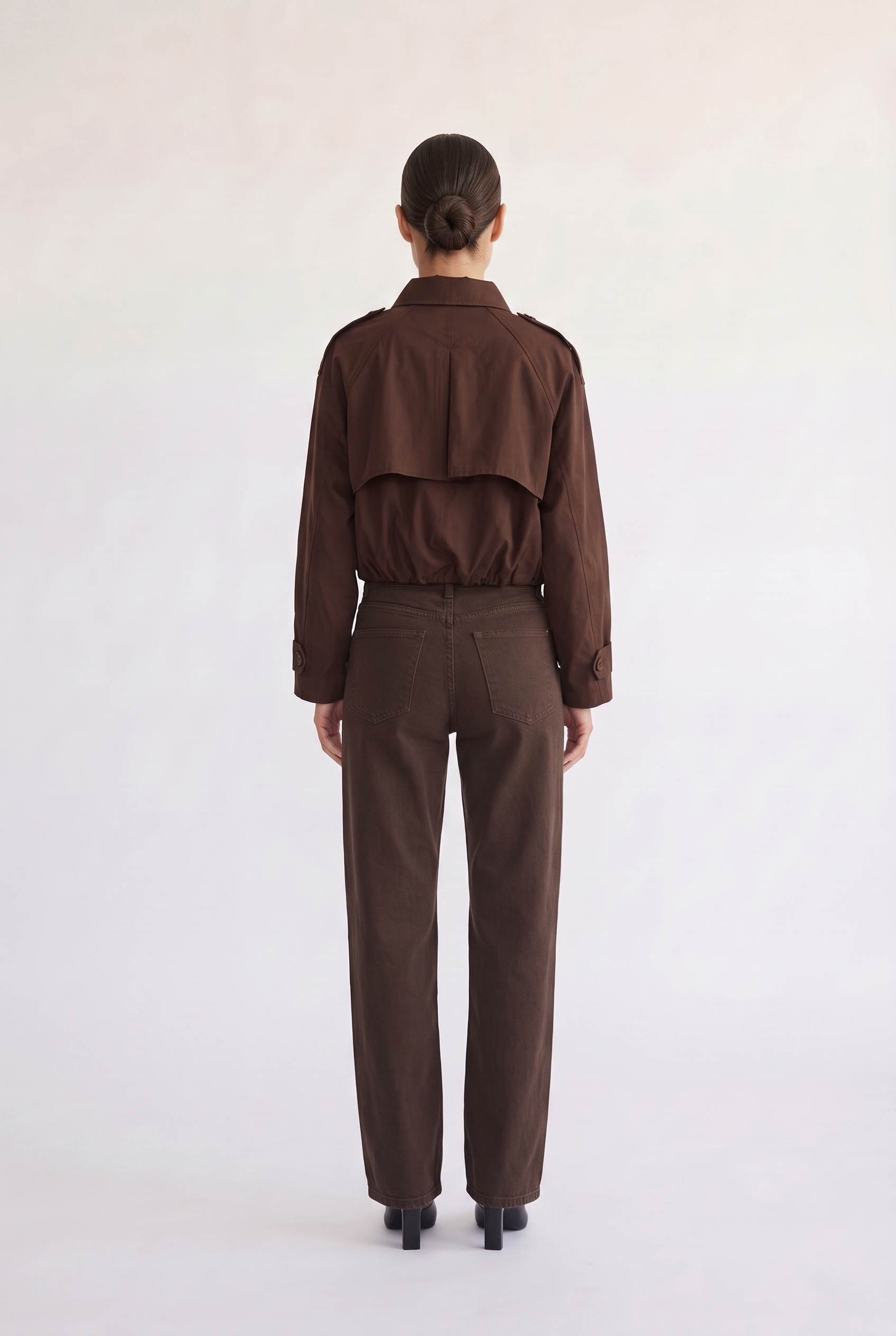 Back view of the Darcy brown cropped trench coat