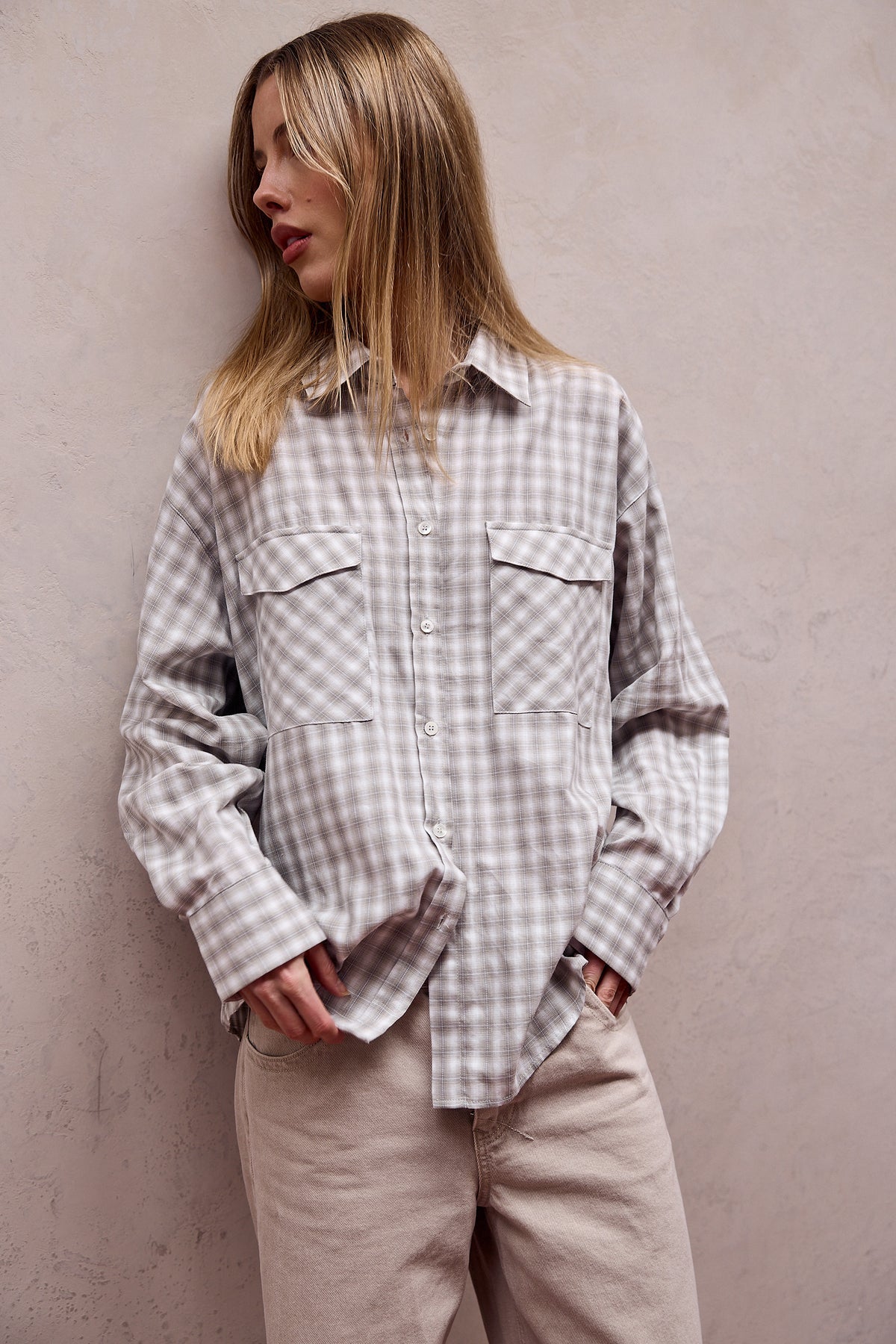 Harper Check Shirt in Grey – styled view