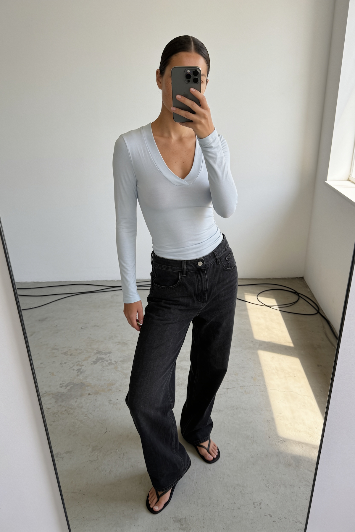 Model styling the Margaux baby blue deep v henley top