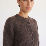 Back view of the Noor brown fluffy cropped cardigan