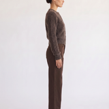 Noor brown fluffy cropped cardigan, crew neckline detail