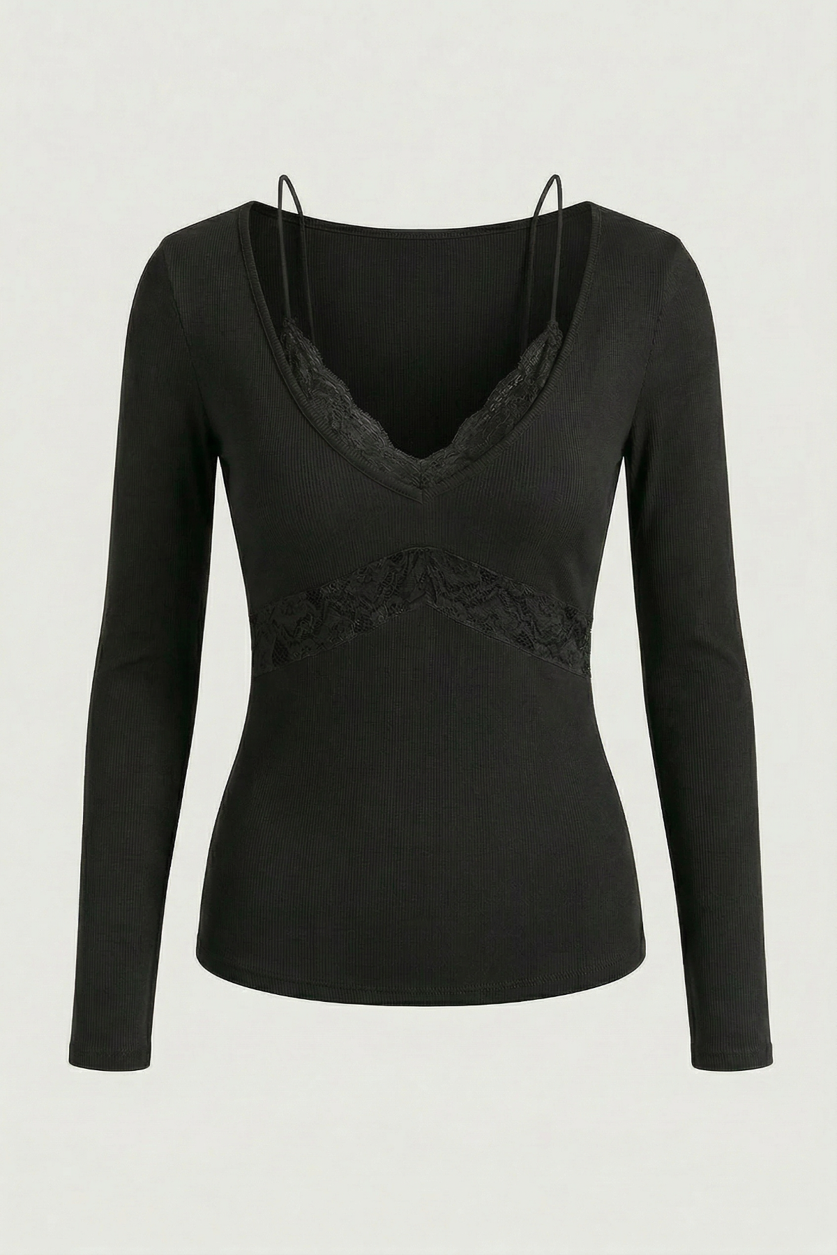 Noa black lace long sleeve top, product flat lay