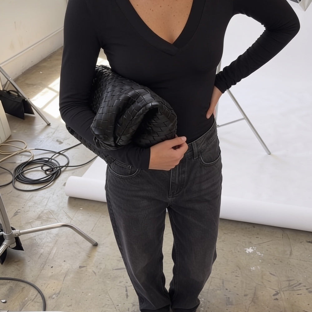 Black deep V-neck long sleeve top with denim, Tops