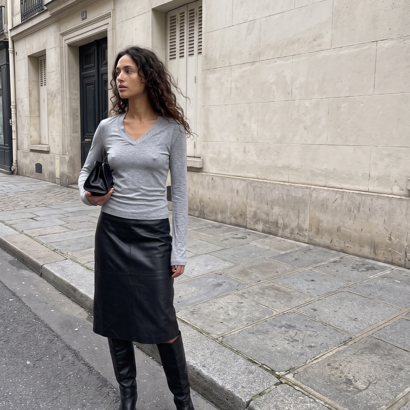 Style Addict grey Margaux henley with leather midi skirt, Parisian street style