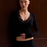 Lia Lace Trim Long Sleeve Top - Black