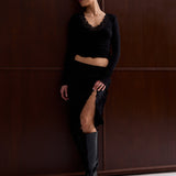 Serena Satin Lace Trim Skirt - Black