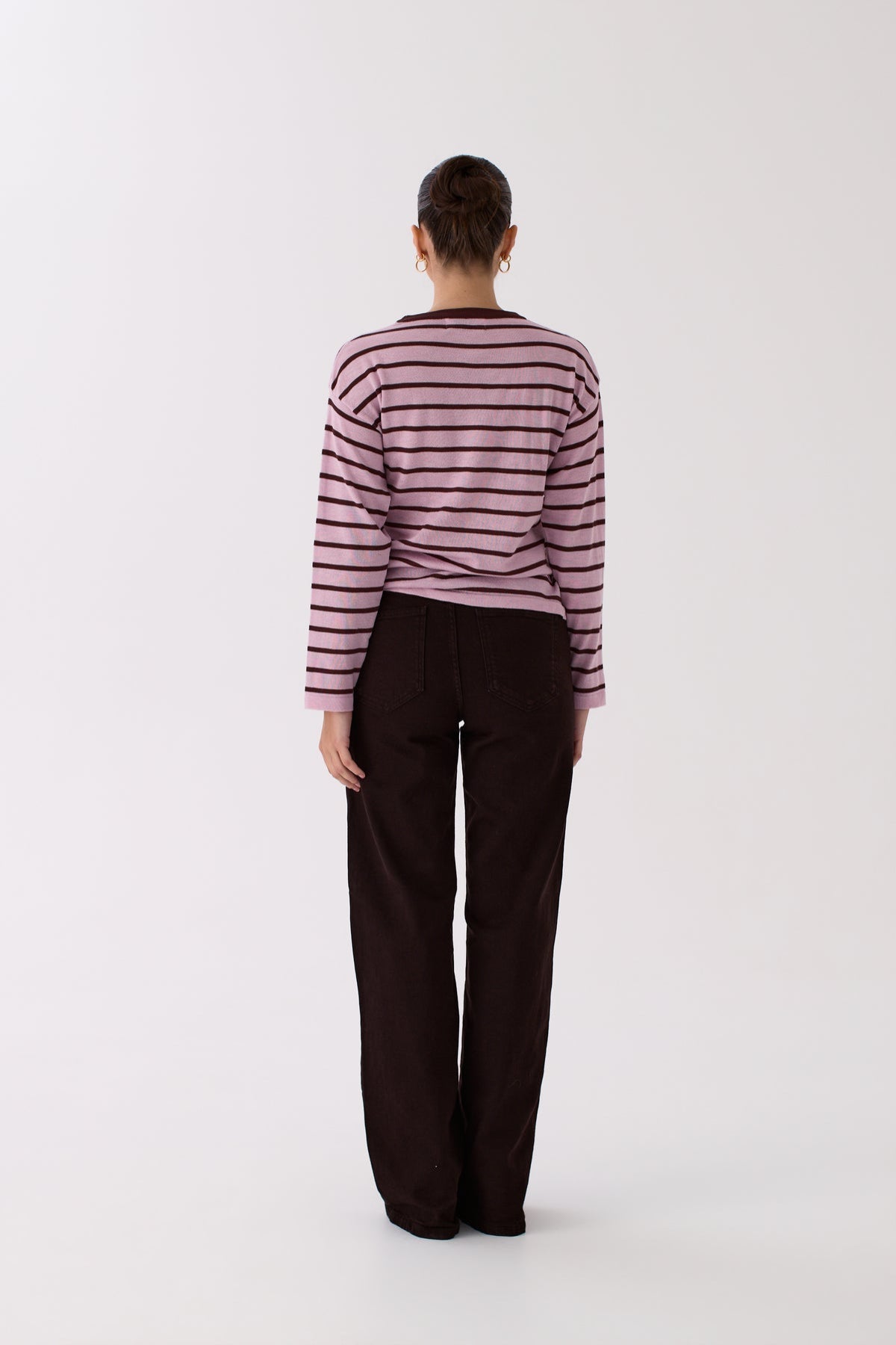 Back view of the Stevie pink striped knit top