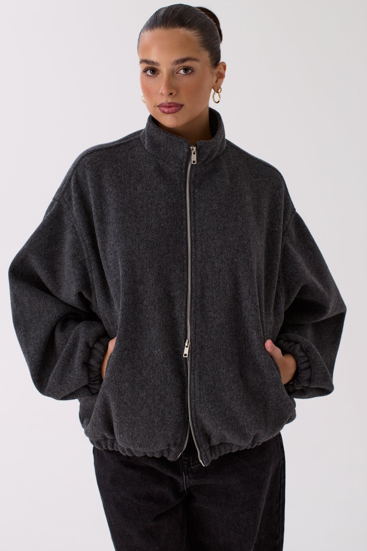 Back view of the Blake charcoal wool-look bomber jacket