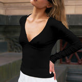 V Neck Long Sleeve Top - Black