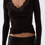 Lia Lace Trim Long Sleeve Top - Black