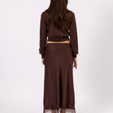 Clara brown knit cardigan, three-quarter view