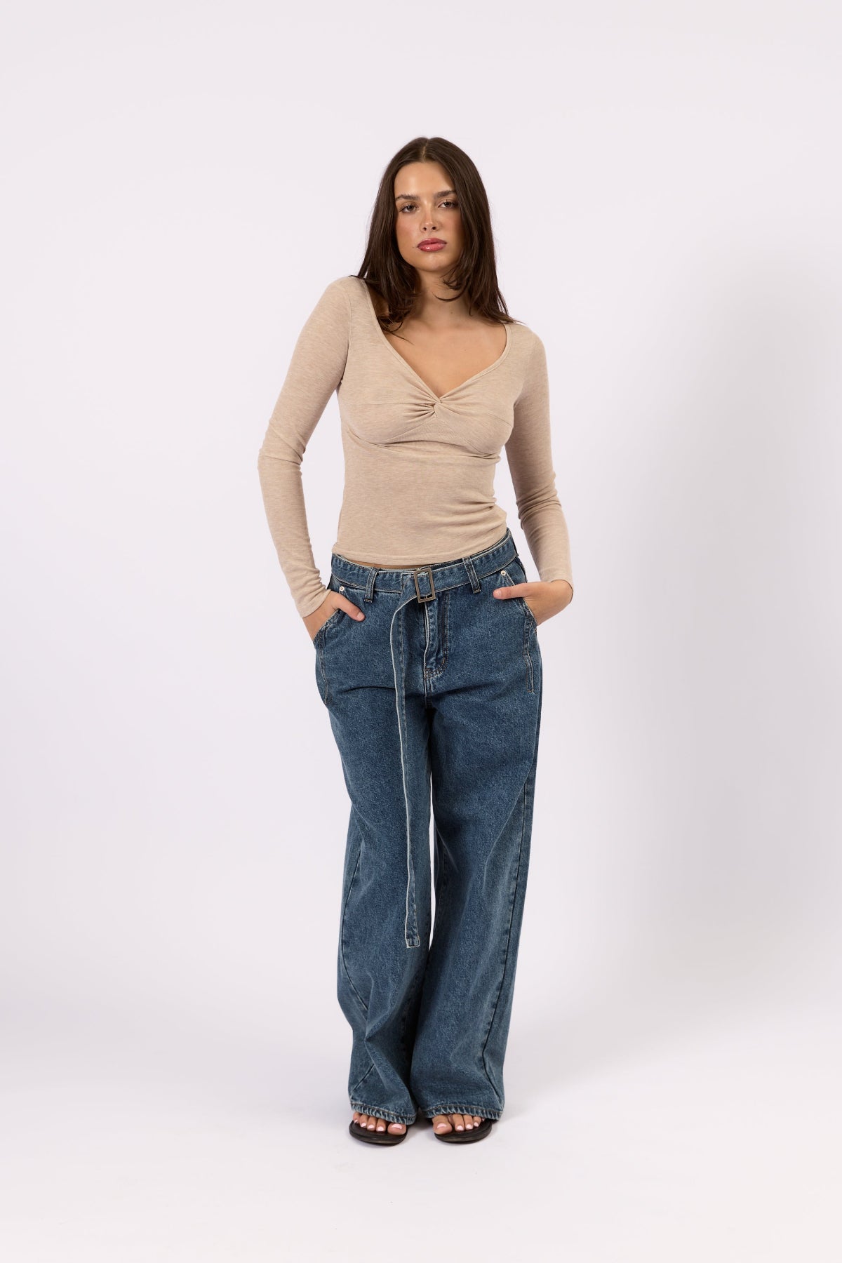 Back view of the Belted Wide Leg Jean blue wide leg jeans