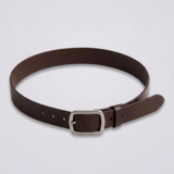 Raya Wide Belt in brown leather flat lay with square brushed-silver buckle