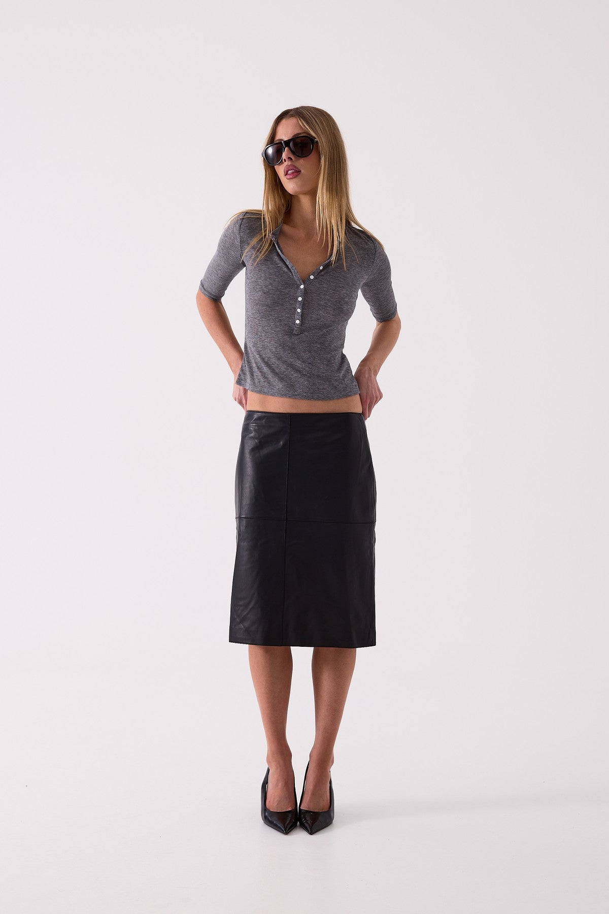 Esme Leather Midi Skirt in Black – front view