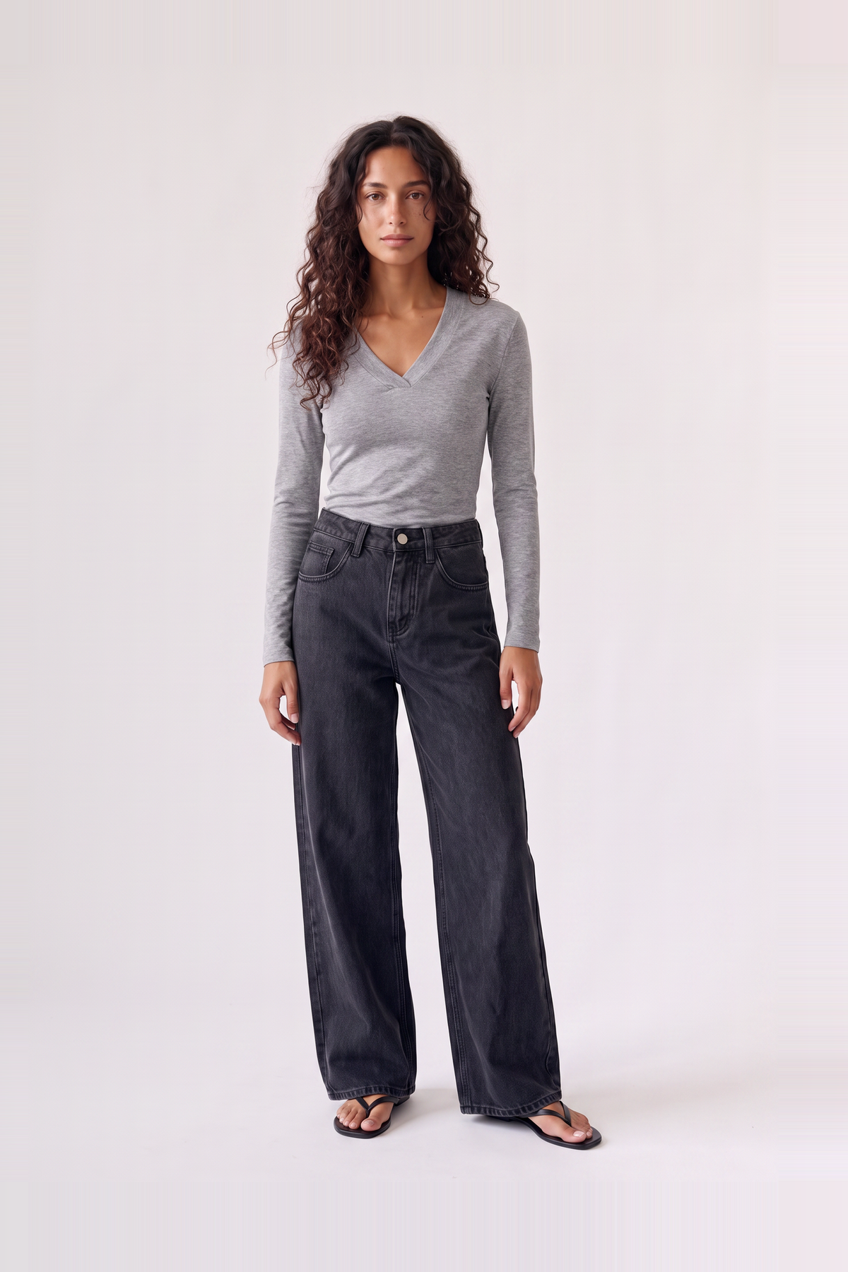 Margaux Deep V Henley Top in grey — front view of the soft stretch henley with deep V neckline