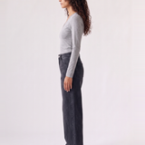 Margaux Deep V Henley Top in grey — side view of the soft stretch henley
