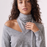 Wren Top in light grey — close-up of the knit fabric and draped scarf detail