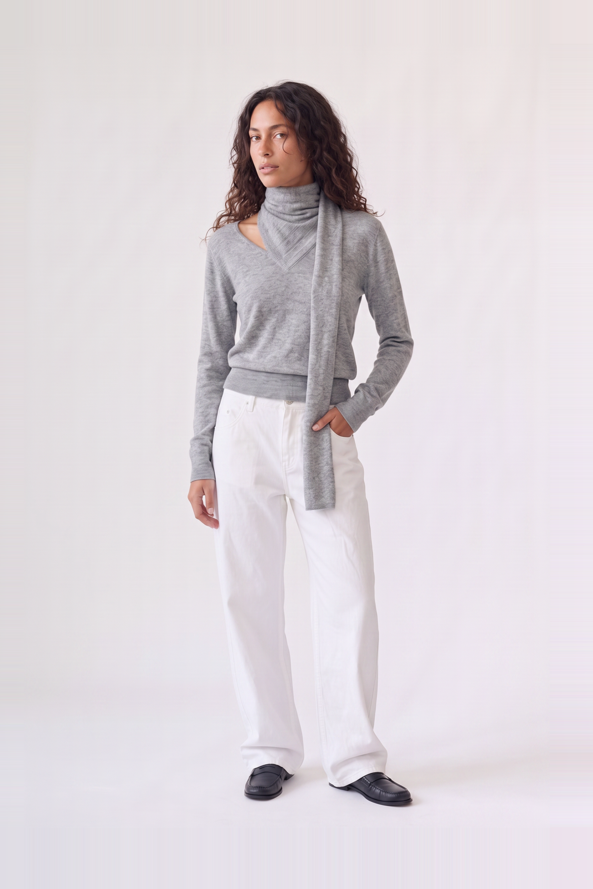 Wren Top in light grey — front view of the soft knit long-sleeve top with attached draped scarf