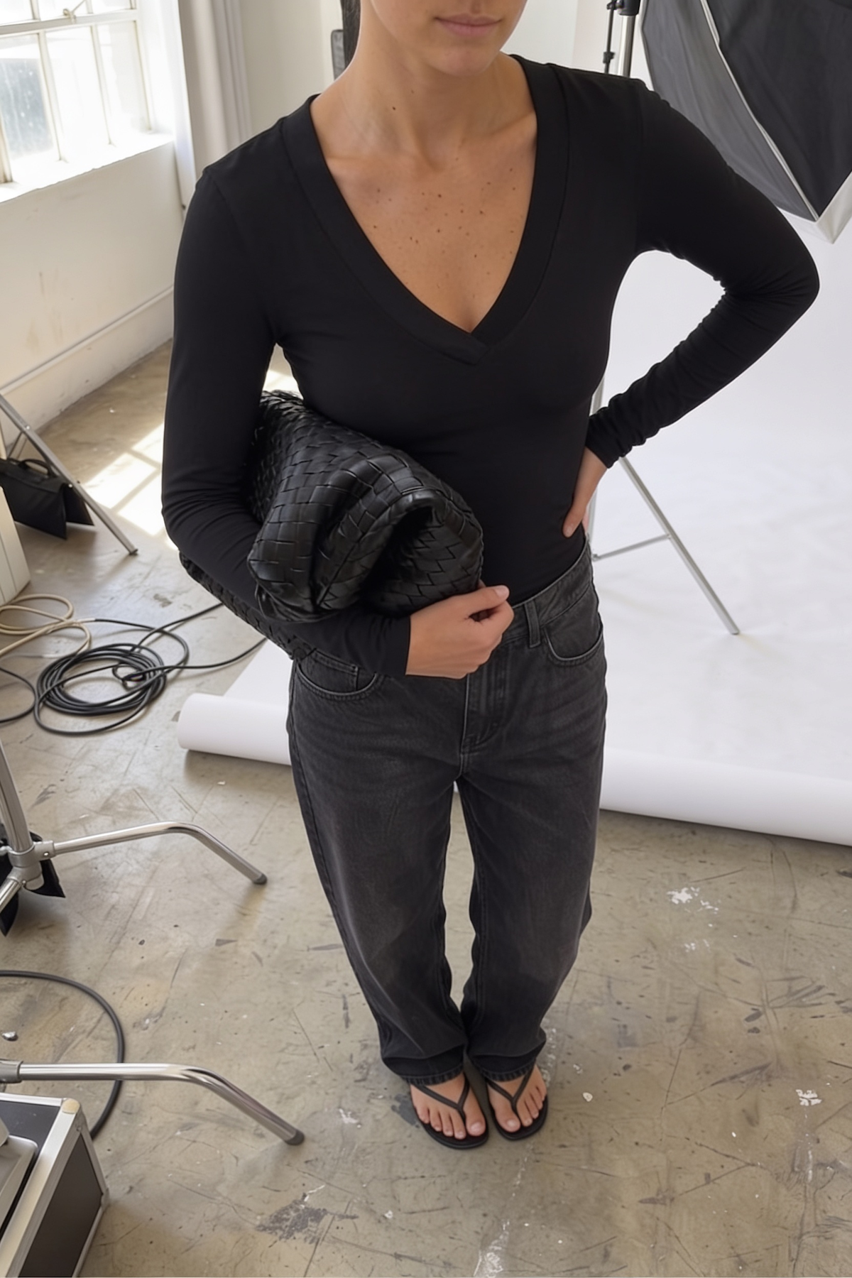 Margaux black deep V henley top, product flat lay