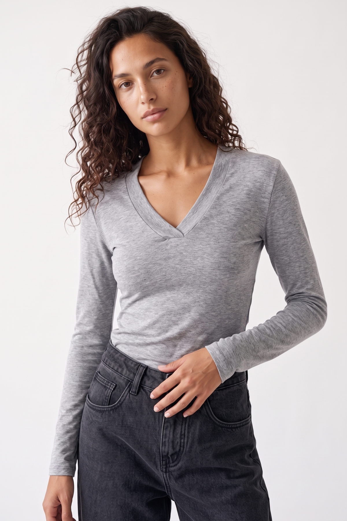 Margaux Deep V Henley Top in grey — close-up of the deep V neckline and button placket