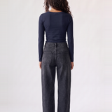 Margaux Deep V Henley Top in navy — back view of the soft stretch henley