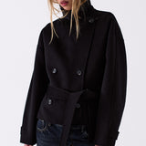 Odette Belted Wool Coat in Black – close up detail