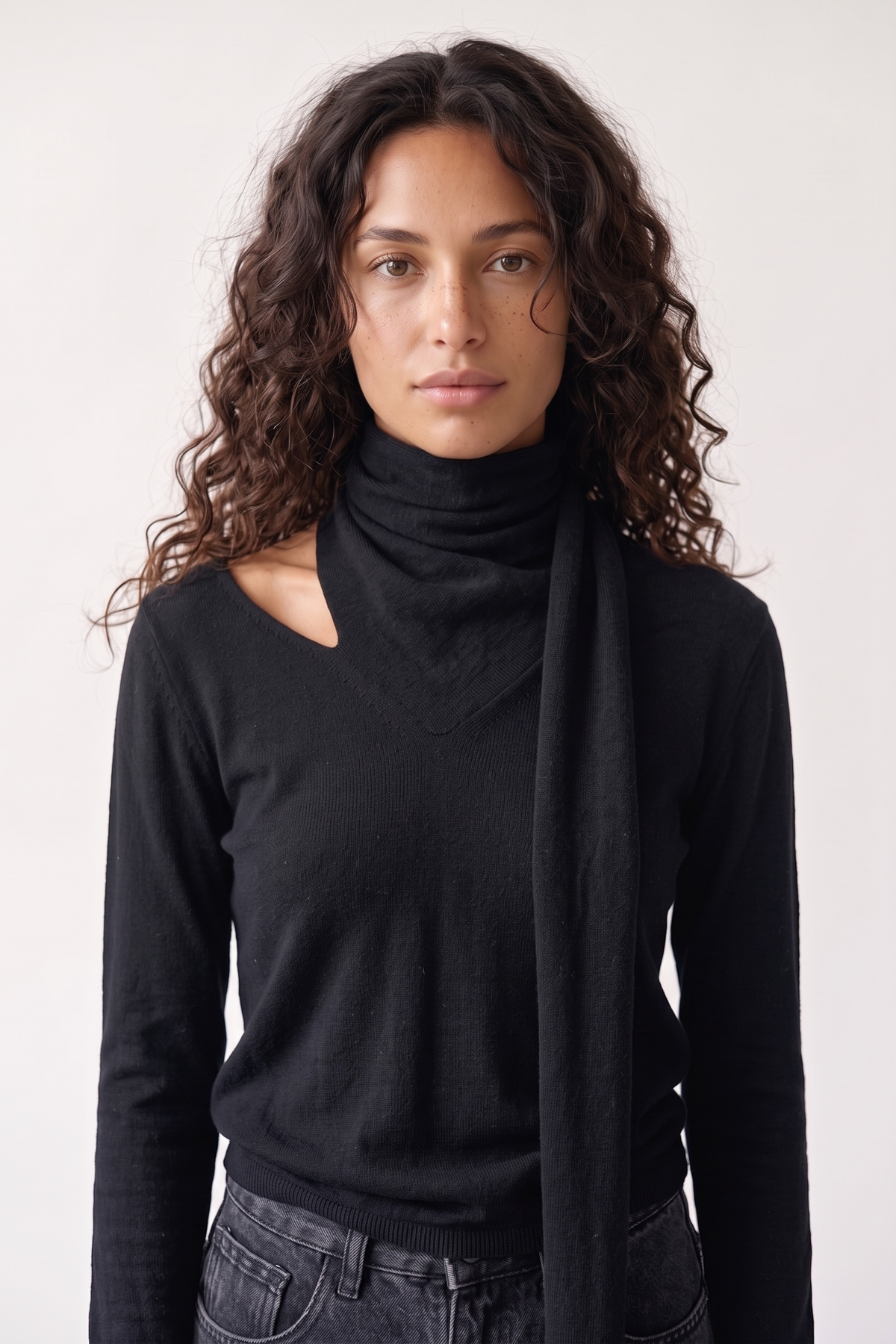 Wren Top in black — close-up of the knit fabric and draped scarf detail