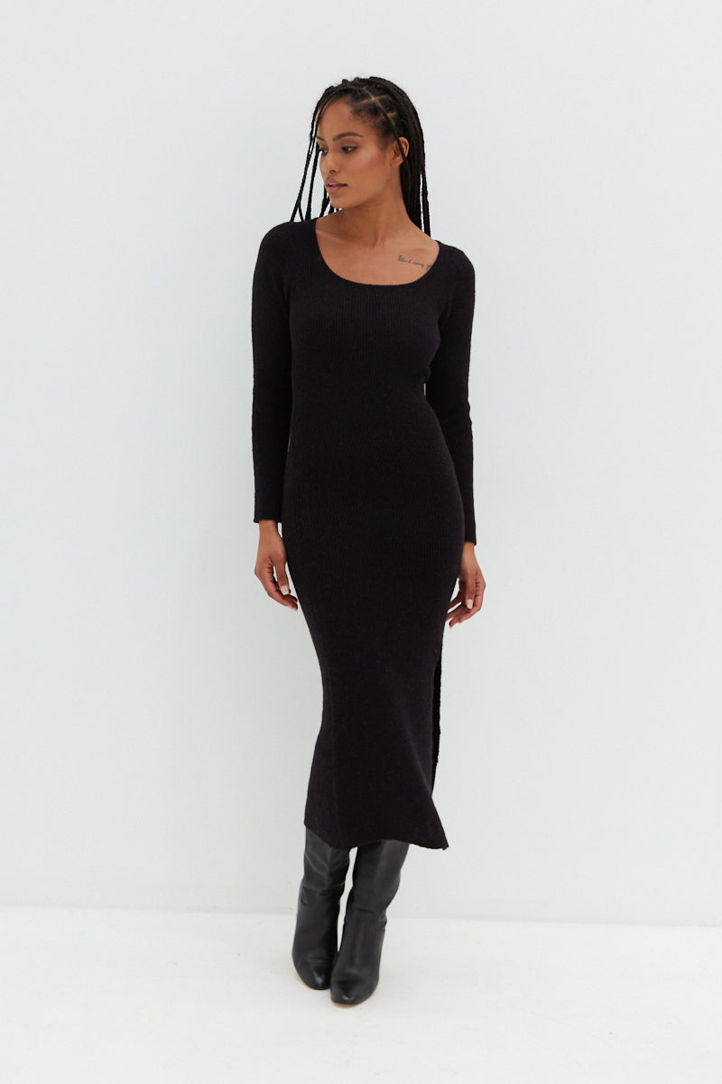 Scoop Neck Midi Dress - Black